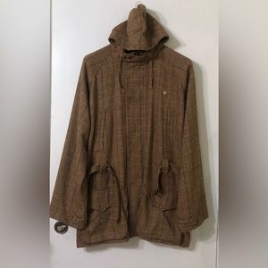 Lr gears women’s wool coat hooded zip up buttons down 5 pockets brown plaid. 4X